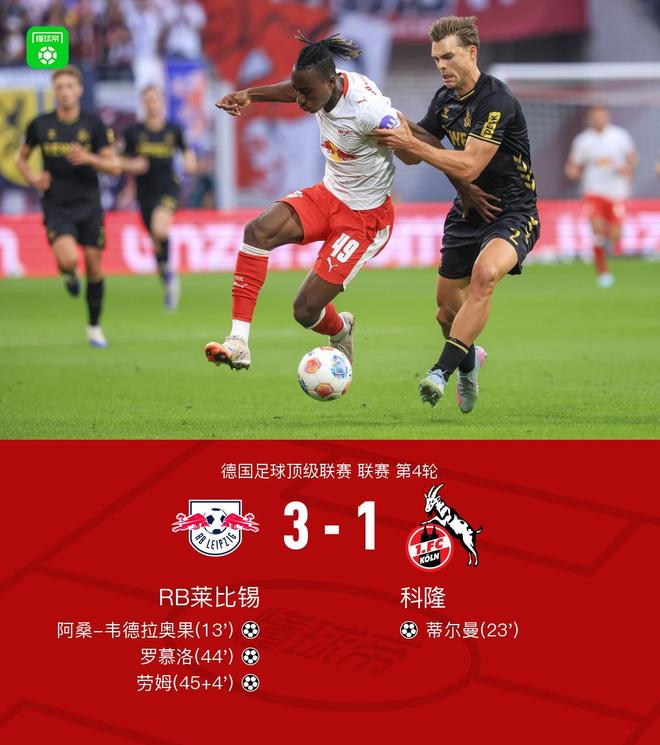 莱比锡3-1科隆，阿桑-韦德拉奥果建功，劳姆定位球直接破门