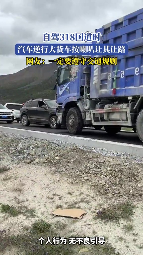 自驾318国道时,汽车逆行大货车按喇叭让其让路！