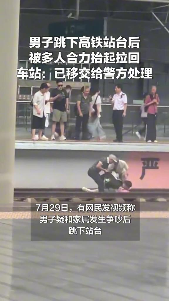 男子跳下高铁站台后被多人合力抬起拉回