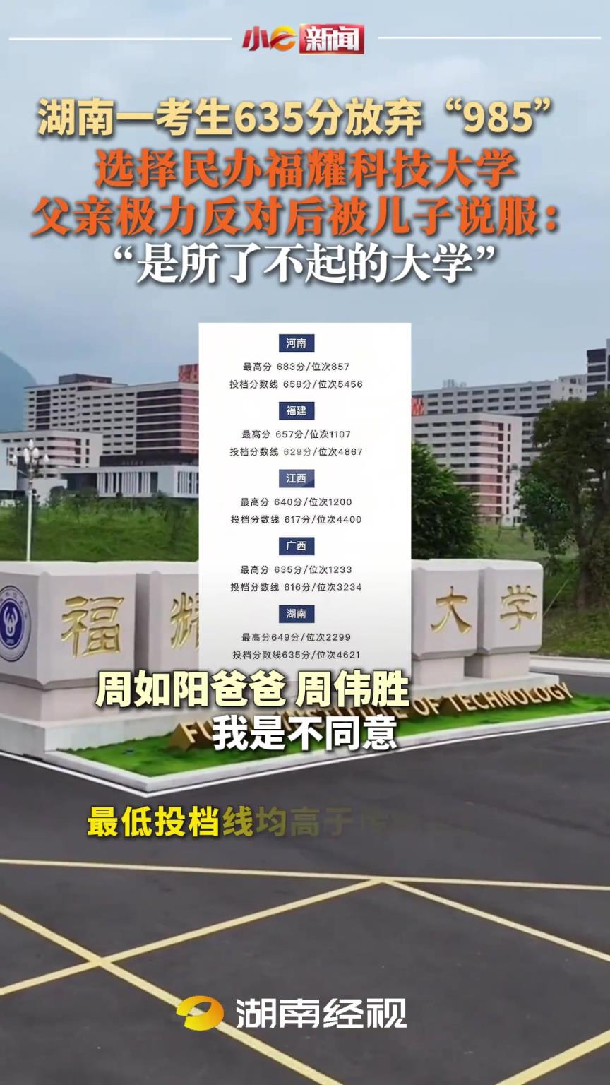 湖南一考生635分放弃“985”，选择民办福耀科技大学