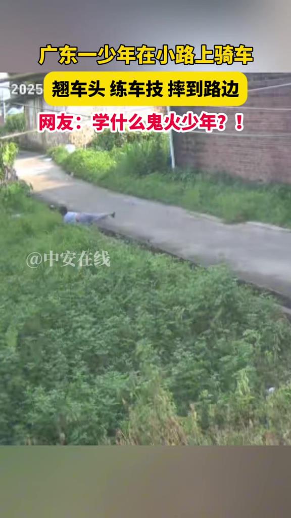 一少年在小路上骑车,翘车头 练车技，摔到路边！！！