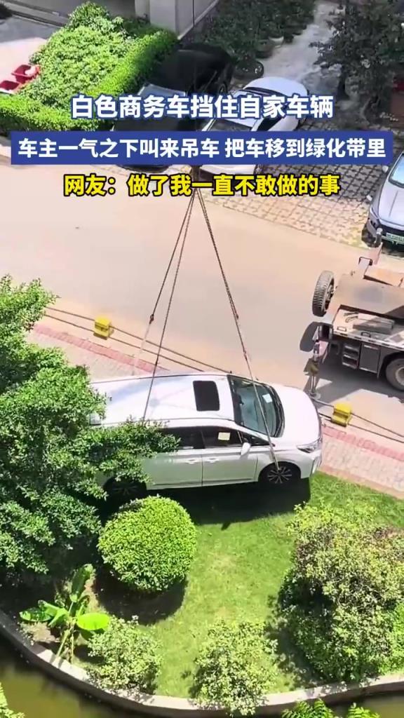 白色商务车挡住自家车辆，车主一气之下叫来吊车把车移到绿化带里