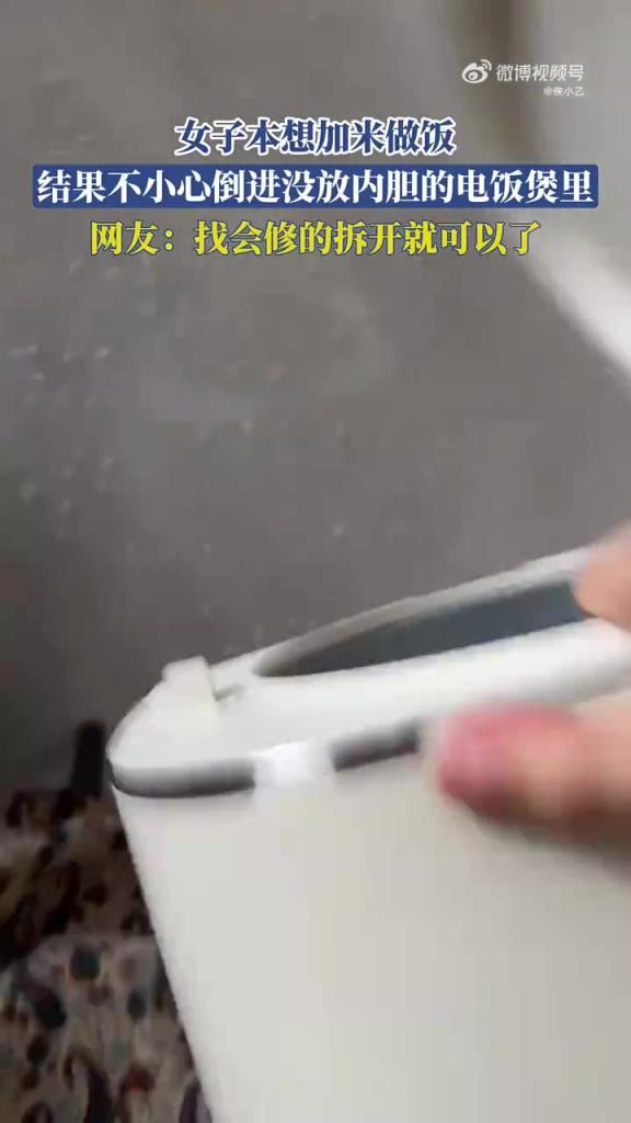 女子本想加米做饭，结果不小心倒进没放内胆的电饭煲里