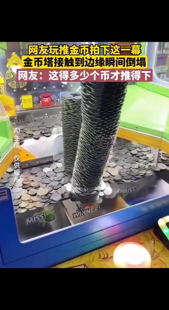 来看游戏机金币塔倒下的一瞬间，就问你爽不爽
