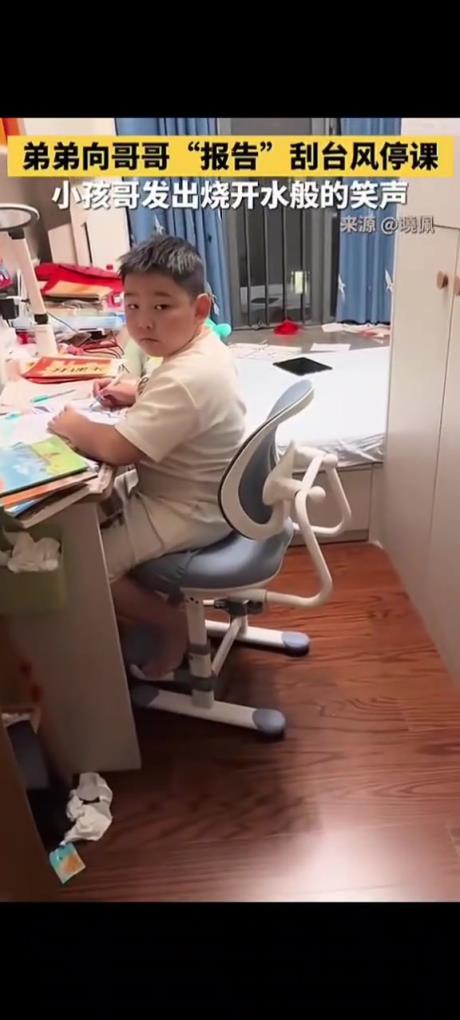 弟弟向哥哥报告刮台风停课，小孩哥发出烧开水般的笑声。