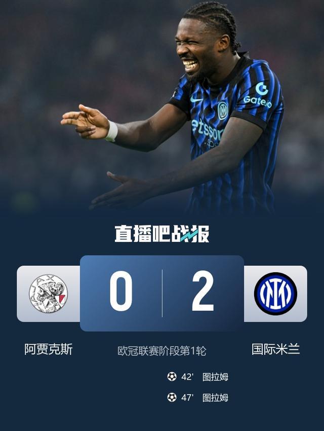 国米2-0阿贾克斯取欧冠开门红 小图拉姆双响恰尔汗奥卢两助攻