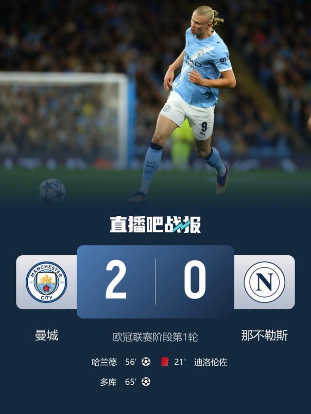 丁丁登场仅26分钟！曼城2-0十人那不勒斯 哈兰德欧冠50球+造红牌
