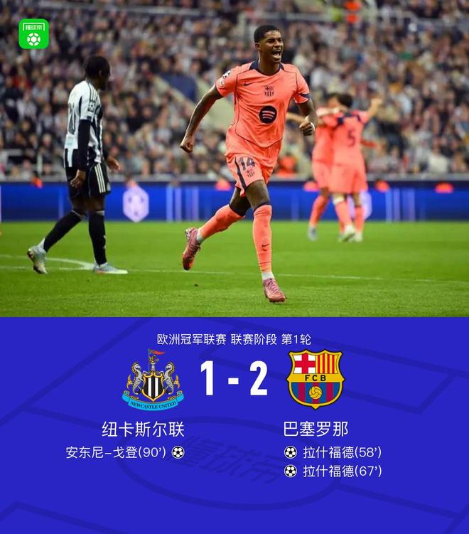 巴萨2-1纽卡，拉什福德世界波+梅开二度，戈登破门难救主