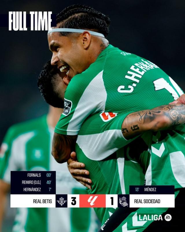 贝蒂斯3-1皇家社会暂居第四 埃尔南德斯福尔纳尔斯破门雷米罗乌龙