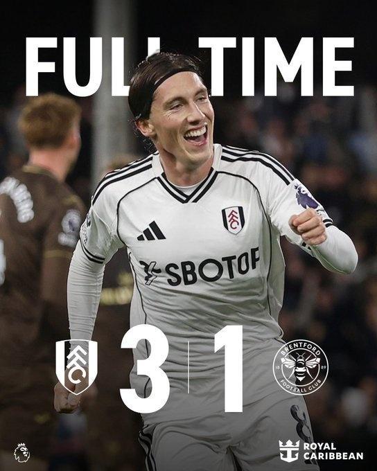 英超富勒姆3-1布伦特福德，伊沃比传射、哈里-威尔逊破门
