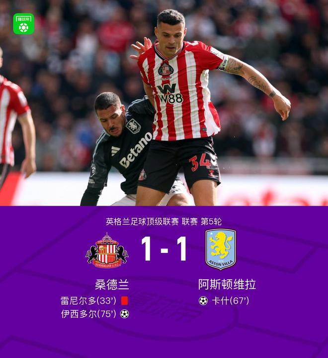 十人桑德兰1-1战平维拉，卡什、伊西多尔建功，雷尼尔多染红