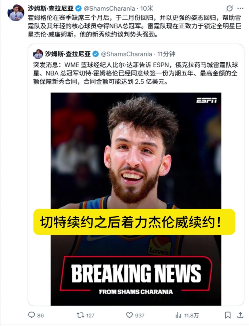 薪资空间爆炸？SHAMS：雷霆续约切特之后将致力于续约杰伦威